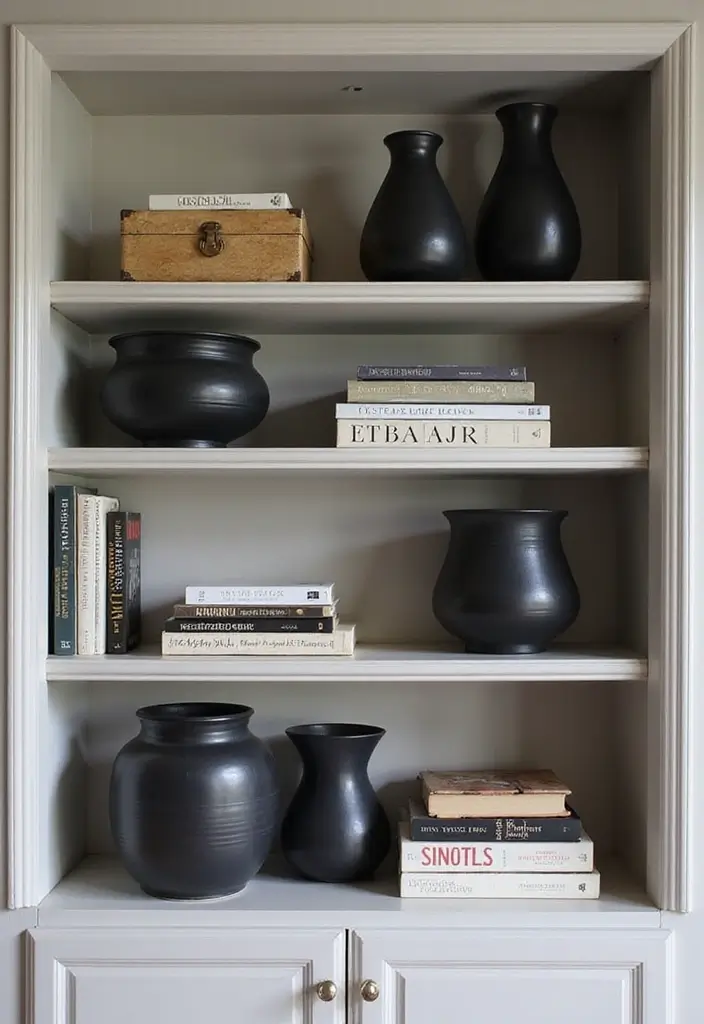 25 Black Ceramic Vase Home Decor Ideas That Look Effortlessly Chic 21 25 Black Ceramic Vase Home Decor Ideas That Look Effortlessly Chic - 13. Shelf Styling