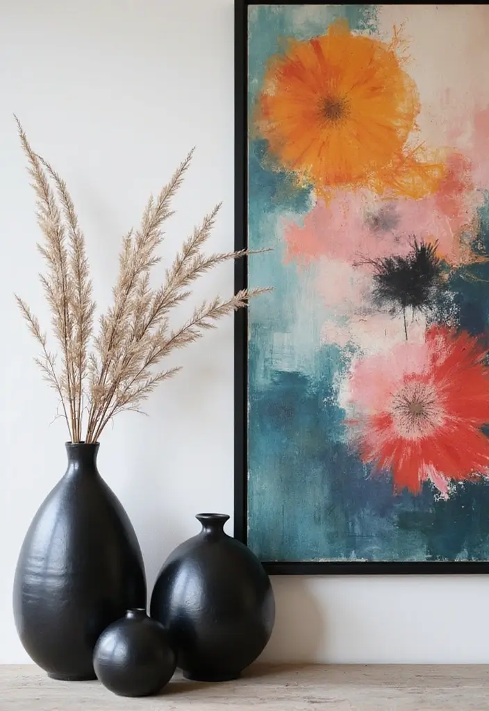 25 Black Ceramic Vase Home Decor Ideas That Look Effortlessly Chic 31 25 Black Ceramic Vase Home Decor Ideas That Look Effortlessly Chic - 15. Layered with Art