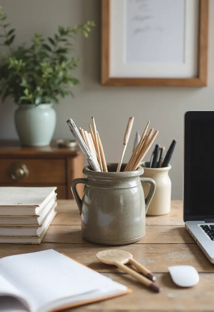 25 Ceramic Crock Decor Ideas With Rustic Farmhouse Flair 46 25 Ceramic Crock Decor Ideas With Rustic Farmhouse Flair - 22. Charming Desk Organizer