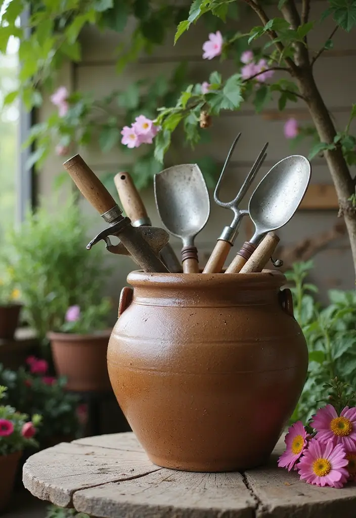 25 Ceramic Crock Decor Ideas With Rustic Farmhouse Flair 20 25 Ceramic Crock Decor Ideas With Rustic Farmhouse Flair - 8. Garden Tool Organizer