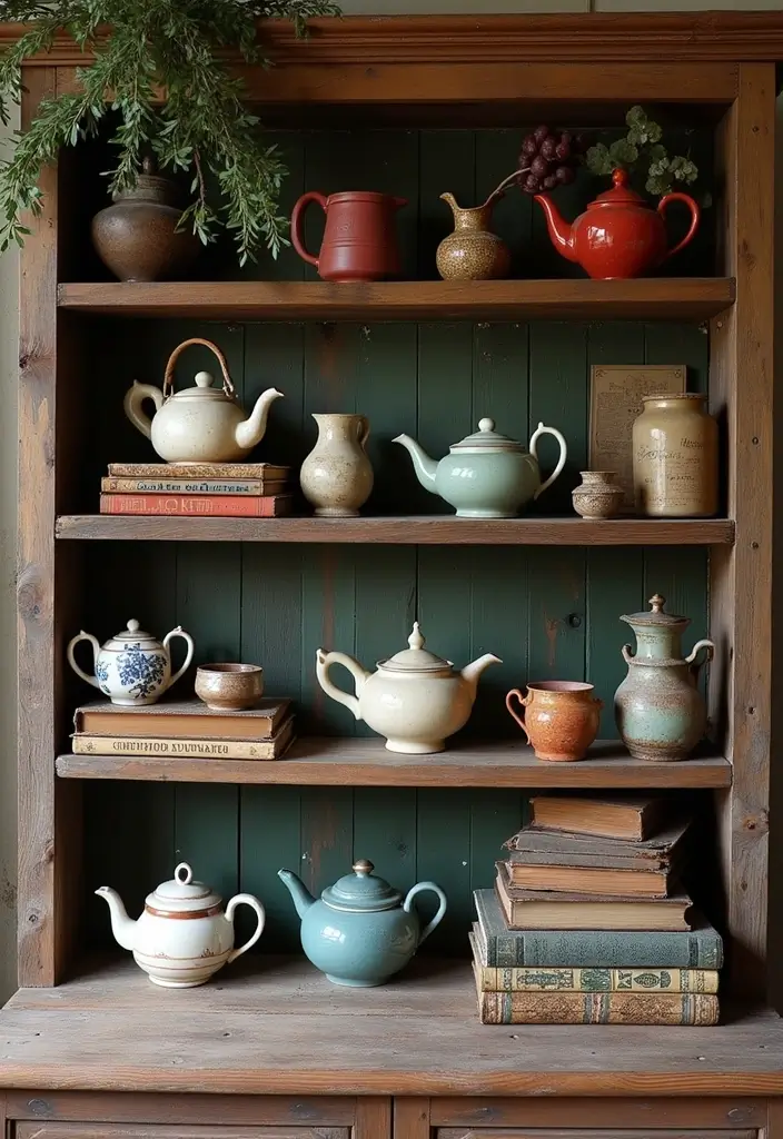 25 Home Decor Ideas With Ceramic Teapots For Vintage Vibes 22 25 Home Decor Ideas With Ceramic Teapots For Vintage Vibes - 6. Rustic Teapot Shelf Styling