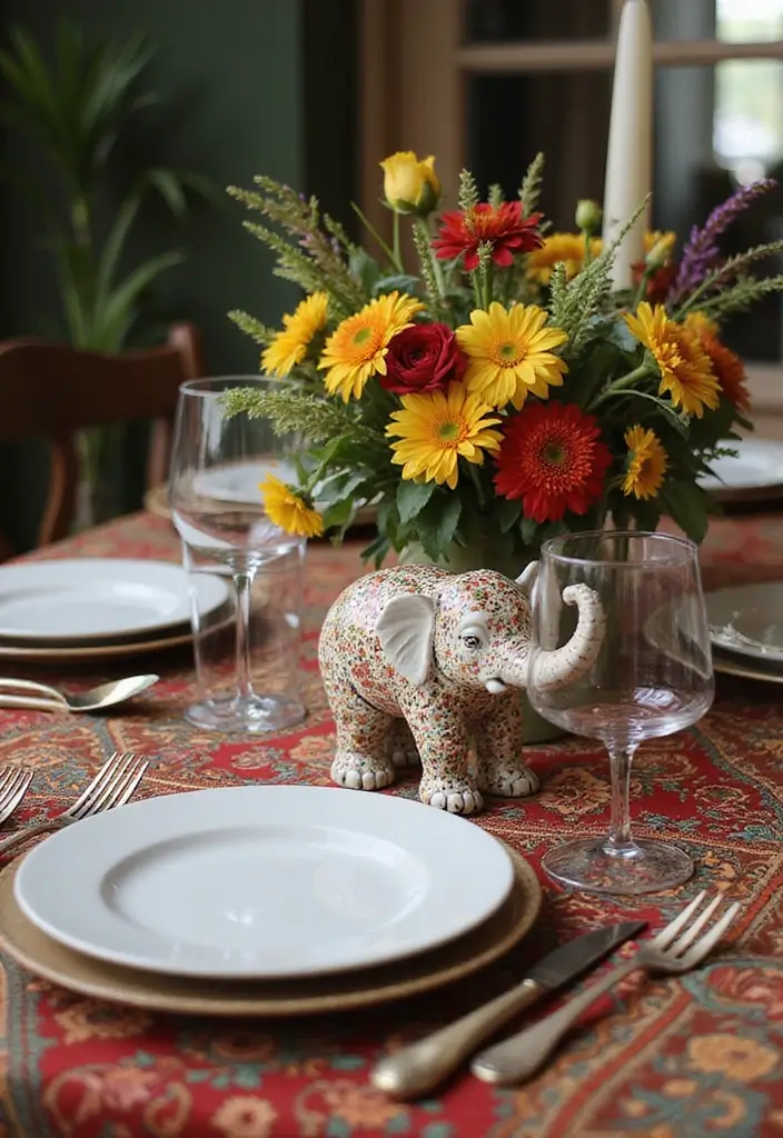 25 Vintage Ceramic Elephant Decor Ideas With Exotic Beauty - 11. Ethnic-Inspired Table Settings