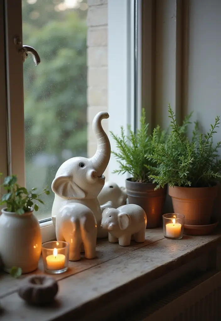 25 Vintage Ceramic Elephant Decor Ideas With Exotic Beauty - 8. Cozy Window Sill Display