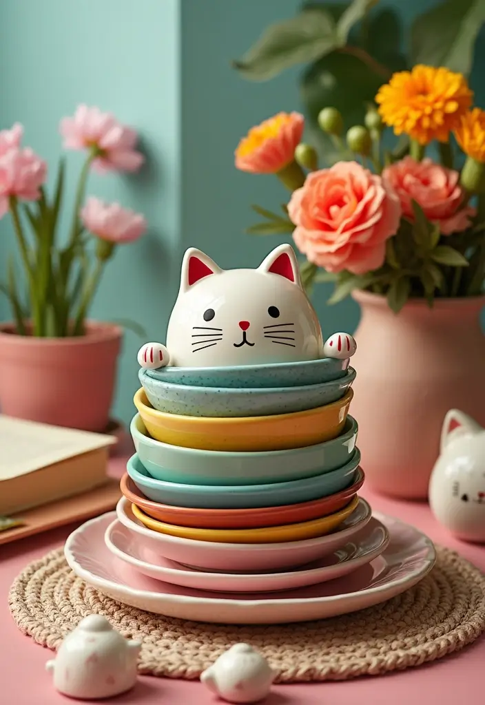 26 Ceramic Cat Plate Decor Ideas For Feline Fans 15 26 Ceramic Cat Plate Decor Ideas For Feline Fans - 3. Playful Centerpiece on a Table