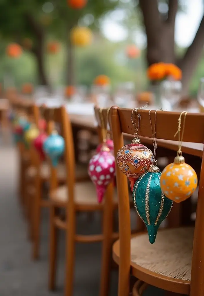 26 Christmas Decor Ideas Using Ceramic Ornaments 46 26 Christmas Decor Ideas Using Ceramic Ornaments - 16. Ornaments as Chair Backs