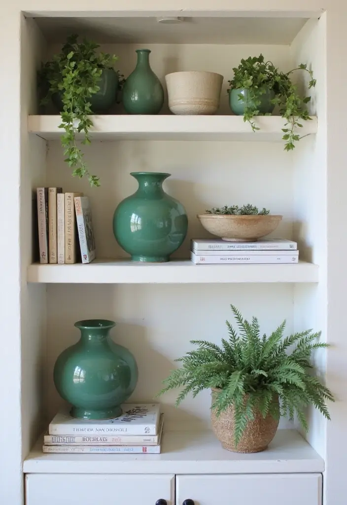 26 Green Ceramic Vase Decor Ideas For Natural Elegance 43 26 Green Ceramic Vase Decor Ideas For Natural Elegance - 25. Curated Shelving