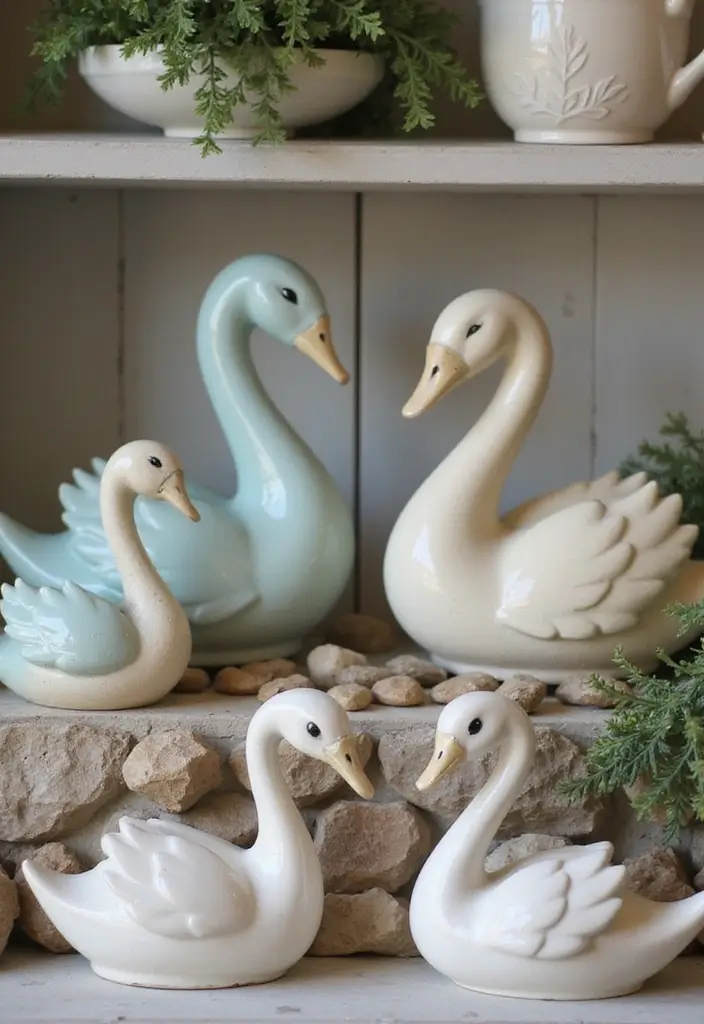 26 Vintage Ceramic Swan Decor Ideas For Elegant Interiors 40 26 Vintage Ceramic Swan Decor Ideas For Elegant Interiors - 18. Artistic Grouping