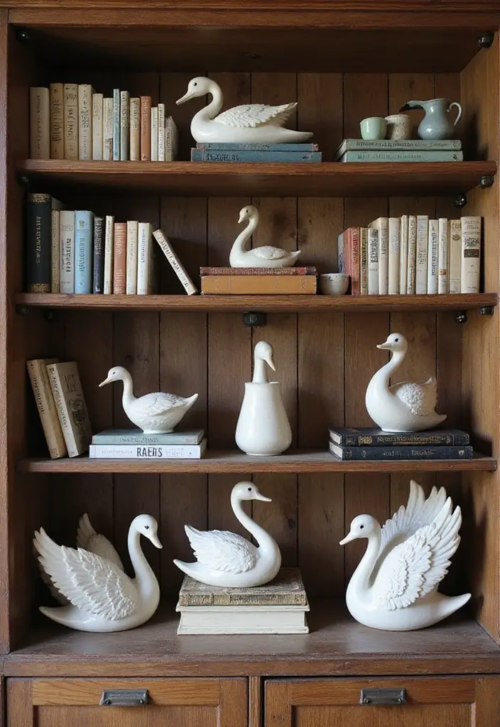 26 Vintage Ceramic Swan Decor Ideas For Elegant Interiors 2 26 Vintage Ceramic Swan Decor Ideas For Elegant Interiors - 2. Accent Pieces on Shelves