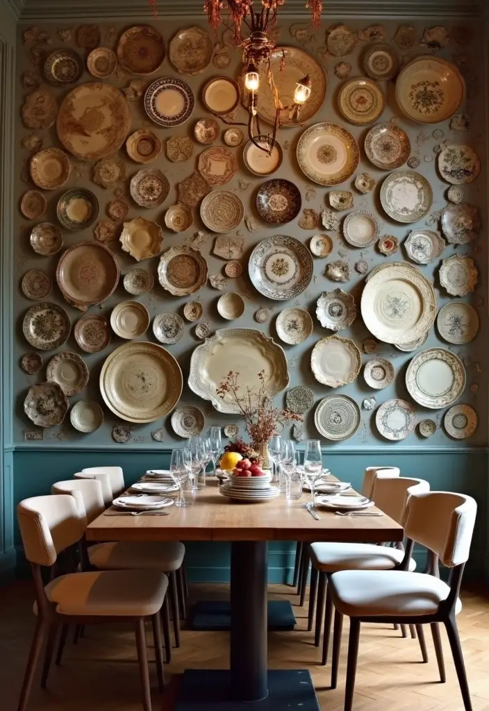 27 Ceramic Plate Wall Decor Ideas That Feel Timeless 63 27 Ceramic Plate Wall Decor Ideas That Feel Timeless - 21. Dining Room Feature Wall
