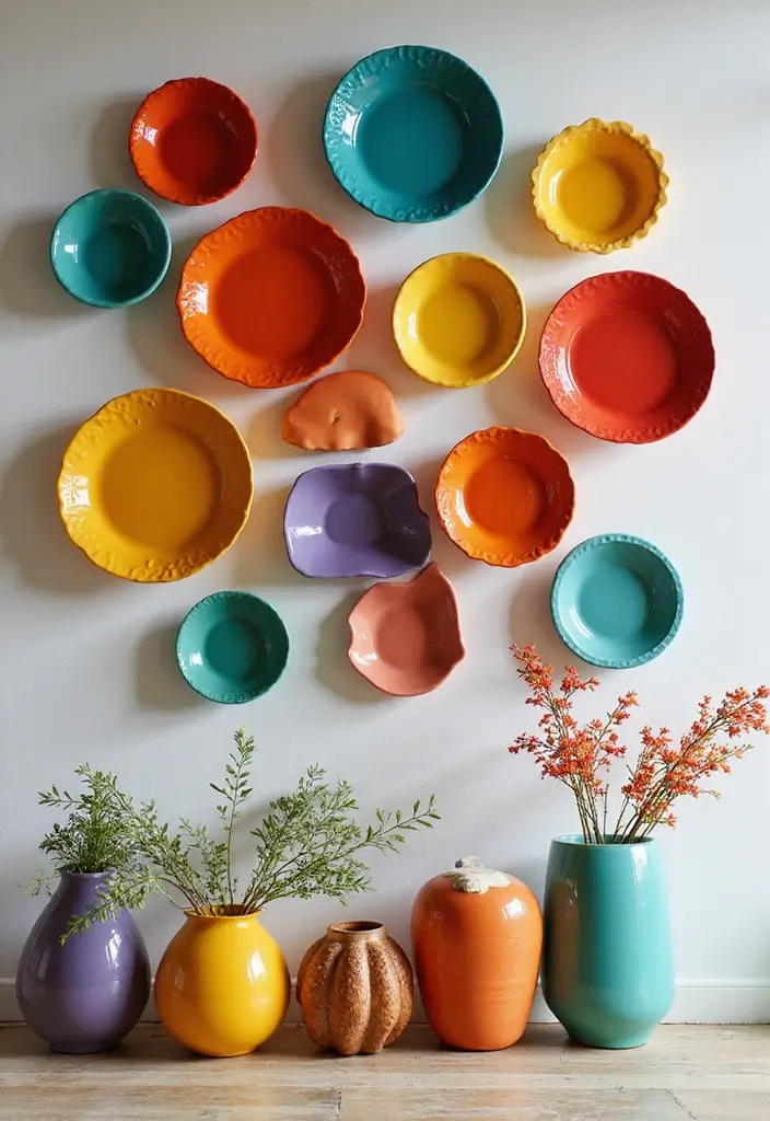 27 Ceramic Plate Wall Decor Ideas That Feel Timeless 25 27 Ceramic Plate Wall Decor Ideas That Feel Timeless - 7. Color Block Display