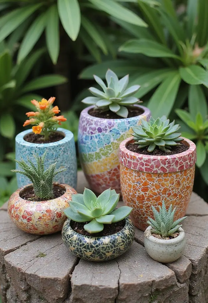 27 Outdoor Ceramic Decor Inspirations To Elevate Your Garden 69 27 Outdoor Ceramic Decor Inspirations To Elevate Your Garden - 11. Playful Mosaic Planters