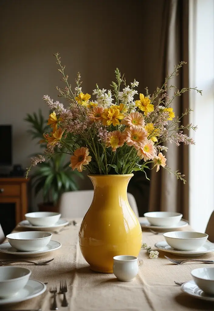 27 Yellow Ceramic Vase Decor Ideas That Radiate Warmth 1 27 Yellow Ceramic Vase Decor Ideas That Radiate Warmth - 1. Statement Centerpiece on a Dining Table