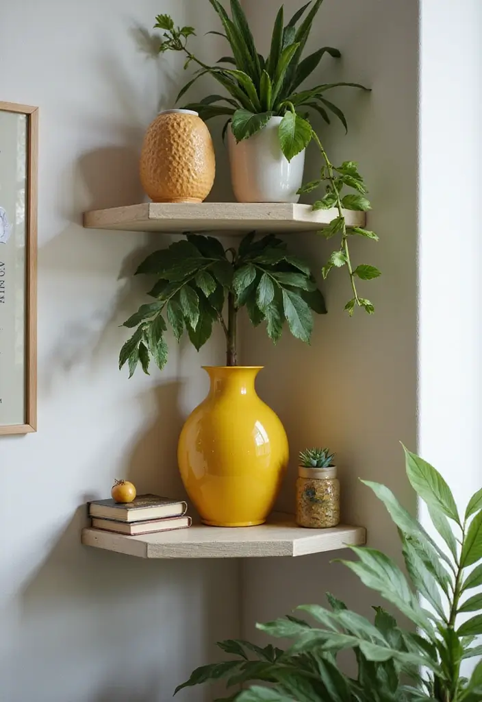 27 Yellow Ceramic Vase Decor Ideas That Radiate Warmth 4 27 Yellow Ceramic Vase Decor Ideas That Radiate Warmth - 2. Corner Shelf Styling
