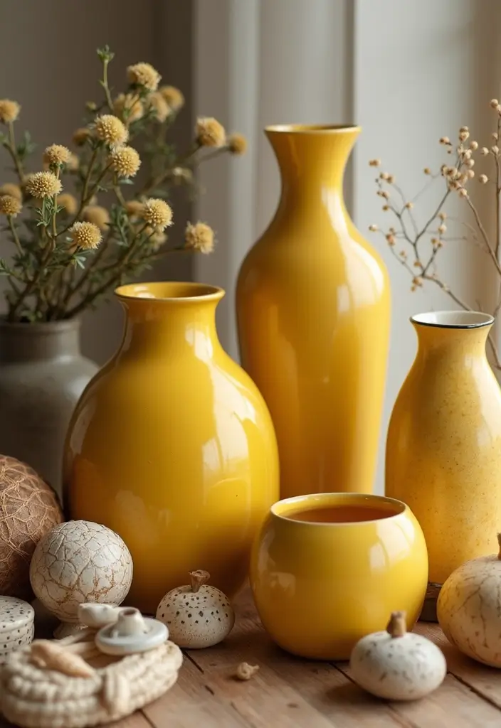 27 Yellow Ceramic Vase Decor Ideas That Radiate Warmth 72 27 Yellow Ceramic Vase Decor Ideas That Radiate Warmth - 24. Showcasing Collections