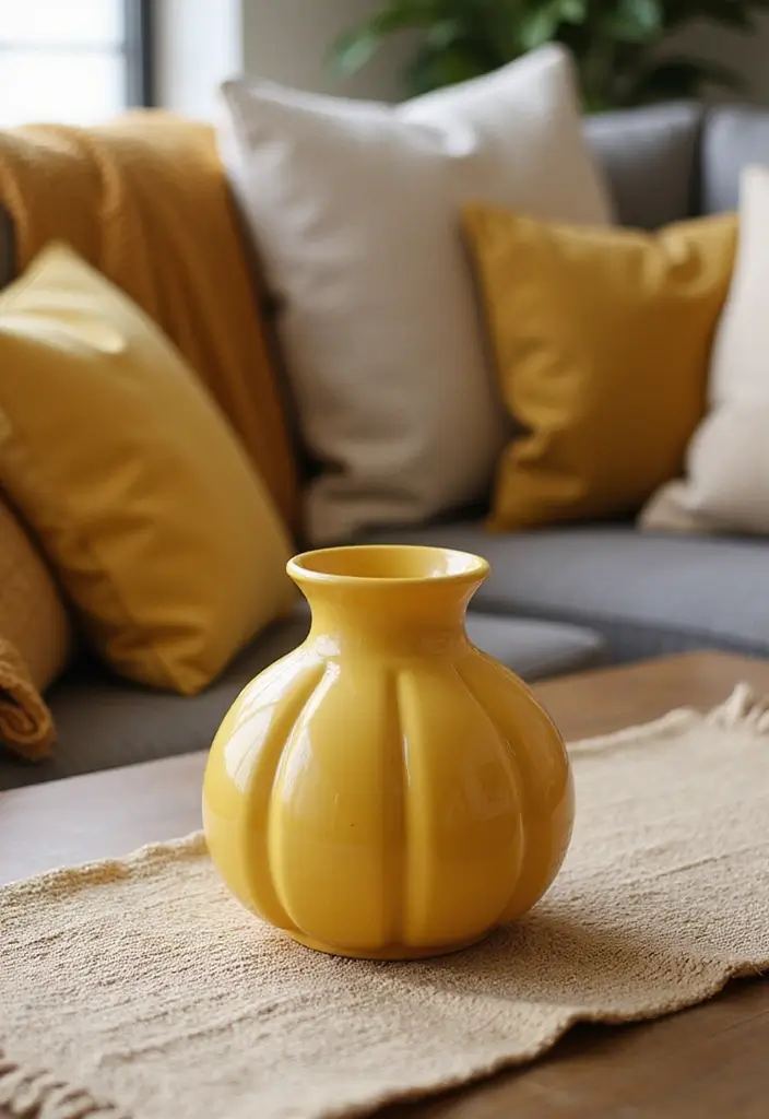 27 Yellow Ceramic Vase Decor Ideas That Radiate Warmth 12 27 Yellow Ceramic Vase Decor Ideas That Radiate Warmth - 4. Layering with Textiles