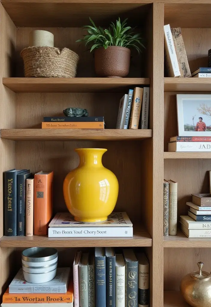27 Yellow Ceramic Vase Decor Ideas That Radiate Warmth 13 27 Yellow Ceramic Vase Decor Ideas That Radiate Warmth - 5. Adorning a Bookshelf