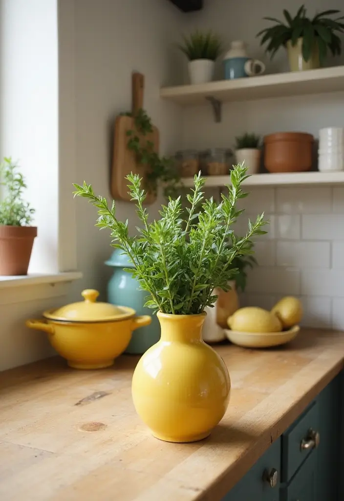 27 Yellow Ceramic Vase Decor Ideas That Radiate Warmth 17 27 Yellow Ceramic Vase Decor Ideas That Radiate Warmth - 7. Kitchen Counter Charm