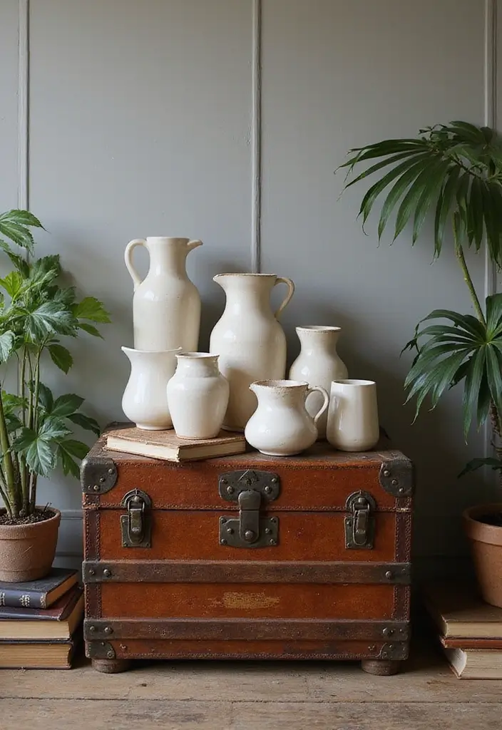 28 Antique Ceramic Jug Decor Ideas For Classic Homes 17 28 Antique Ceramic Jug Decor Ideas For Classic Homes - 11. Display on a Vintage Trunk