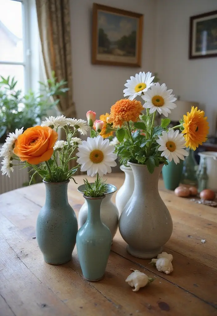 28 Vintage Ceramic Vase Decor Inspirations That Inspire Collectors - 27. Mismatched Vintage Vases for Casual Charm