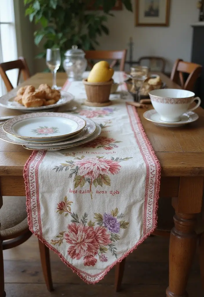 28 Vintage Kitchen Decor Ideas Featuring Ceramic Collectibles 69 28 Vintage Kitchen Decor Ideas Featuring Ceramic Collectibles - 23. Vintage Table Runner