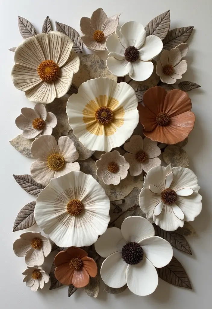 29 Ceramic Flowers Wall Decor Ideas To Brighten Your Home 12 29 Ceramic Flowers Wall Decor Ideas To Brighten Your Home - 4. Textured Layers