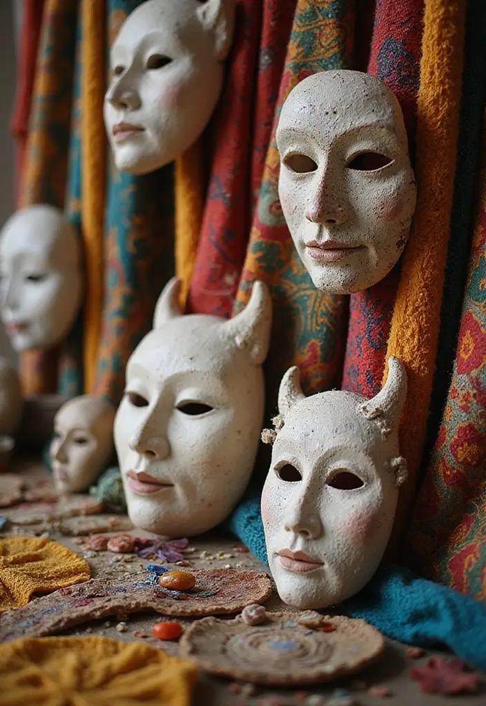 29 Ceramic Mask Decor Ideas That Double As Art Pieces 12 29 Ceramic Mask Decor Ideas That Double As Art Pieces - 10. Layering with Textiles