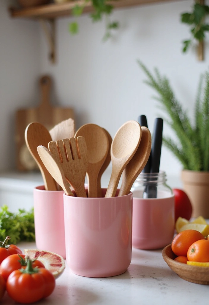 29 Pink Ceramic Decor Ideas That Feel Soft And Elegant - 18. Pink Ceramic Utensil Holders