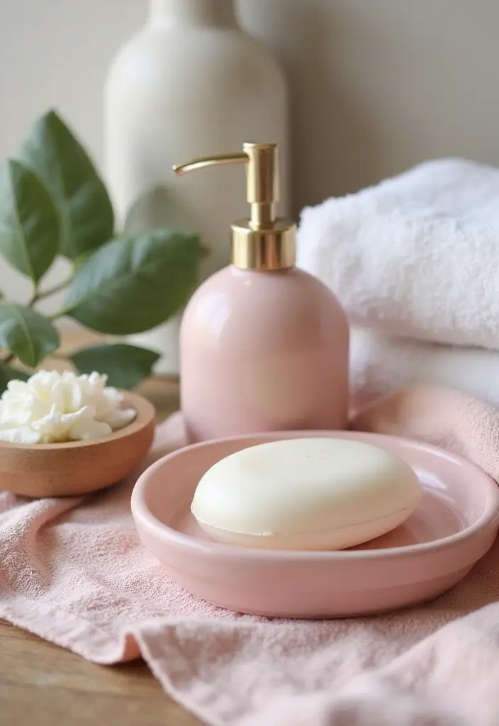 29 Pink Ceramic Decor Ideas That Feel Soft And Elegant - 19. Pink Ceramic Bath Accessories