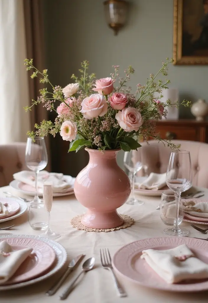 29 Pink Ceramic Decor Ideas That Feel Soft And Elegant - 26. Pink Ceramic Table Centerpiece Vases