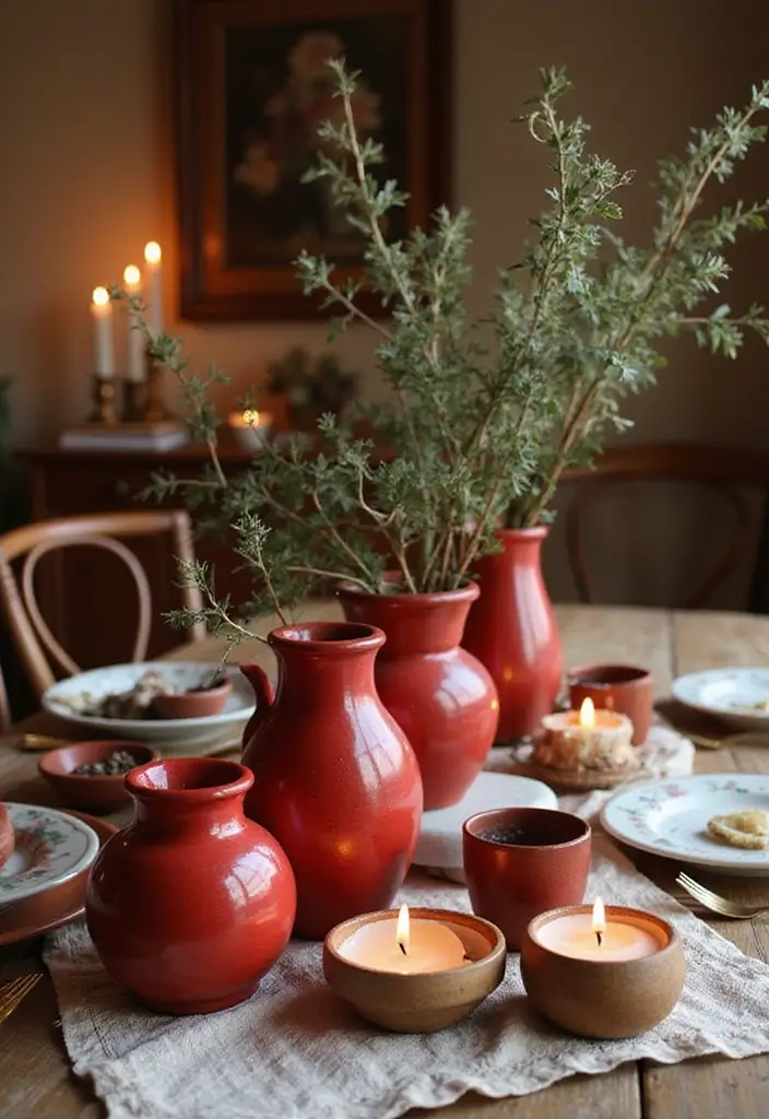29 Red Ceramic Vase Decor Ideas That Make Bold Statements 10 29 Red Ceramic Vase Decor Ideas That Make Bold Statements - 10. Layered Table Decor