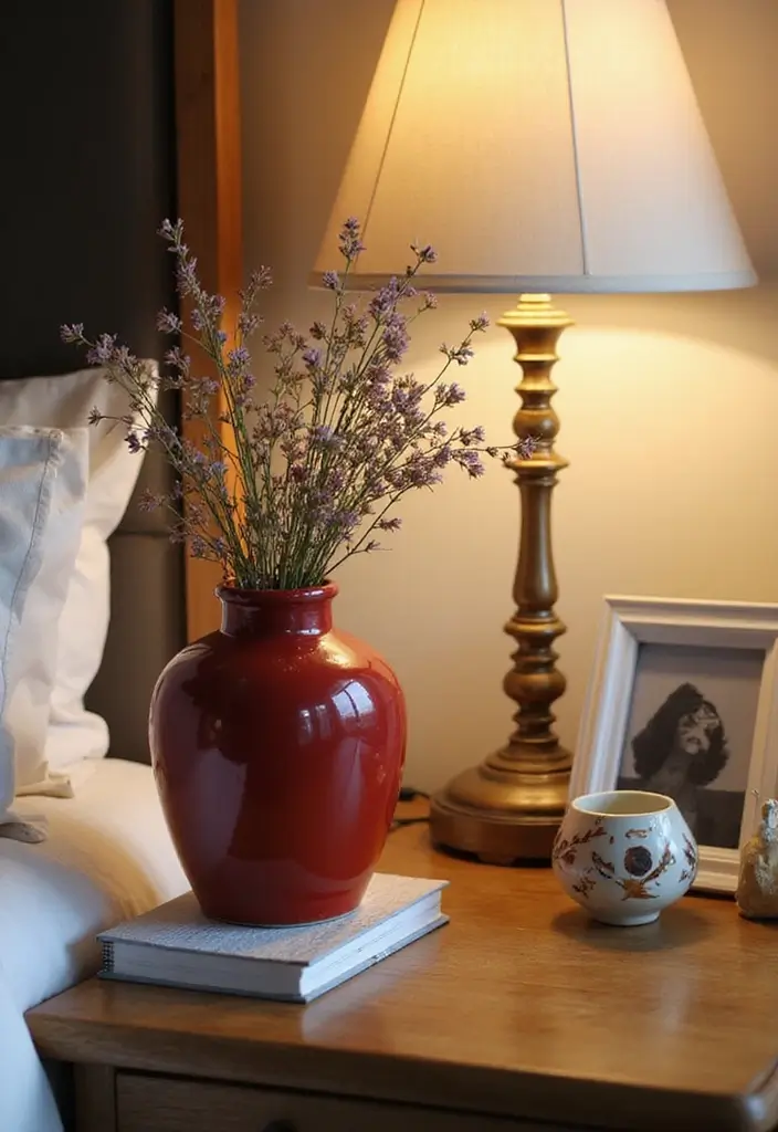 29 Red Ceramic Vase Decor Ideas That Make Bold Statements 12 29 Red Ceramic Vase Decor Ideas That Make Bold Statements - 12. Creative Nightstand Vignette