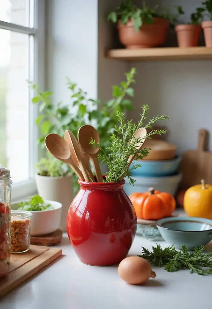 29 Red Ceramic Vase Decor Ideas That Make Bold Statements 13 29 Red Ceramic Vase Decor Ideas That Make Bold Statements - 13. Vibrant Kitchen Accent