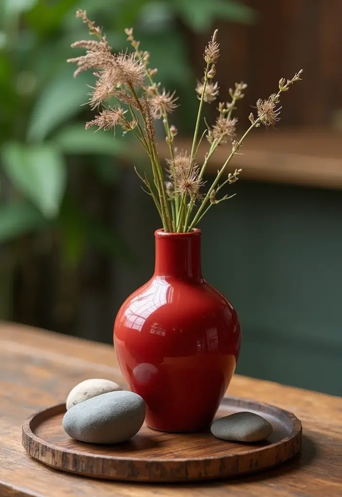 29 Red Ceramic Vase Decor Ideas That Make Bold Statements 24 29 Red Ceramic Vase Decor Ideas That Make Bold Statements - 18. Pairing with Natural Elements