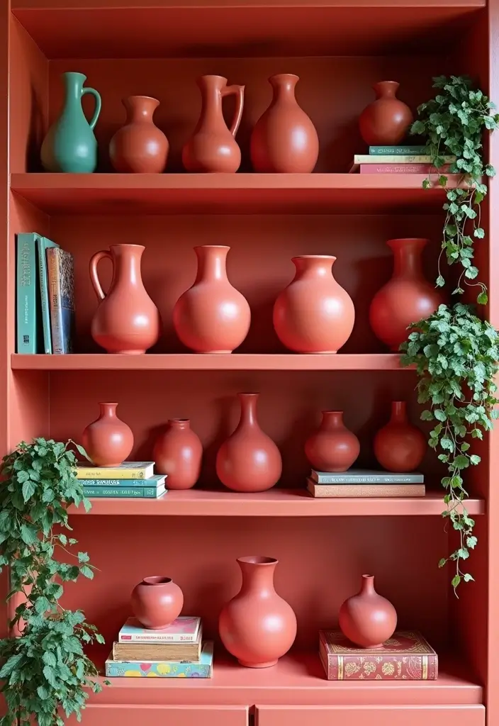 29 Red Ceramic Vase Decor Ideas That Make Bold Statements 2 29 Red Ceramic Vase Decor Ideas That Make Bold Statements - 2. Eclectic Shelf Styling