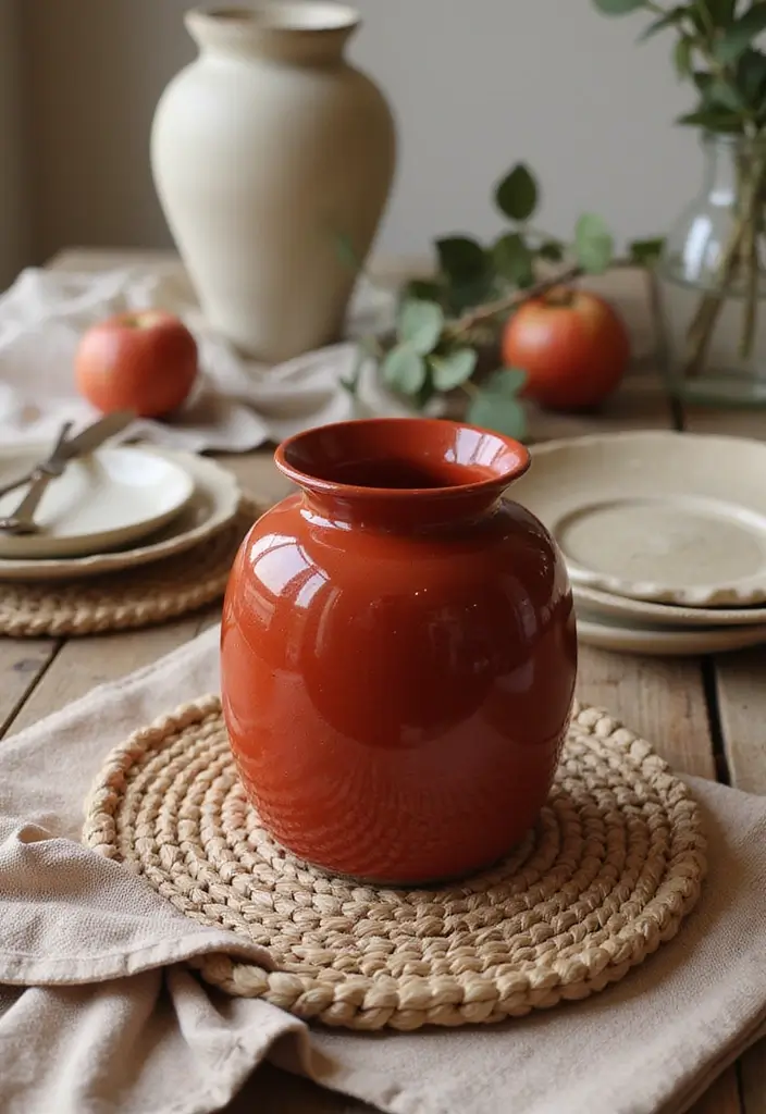 29 Red Ceramic Vase Decor Ideas That Make Bold Statements 28 29 Red Ceramic Vase Decor Ideas That Make Bold Statements - 20. Layering with Textiles