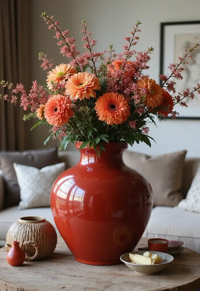 29 Red Ceramic Vase Decor Ideas That Make Bold Statements 32 29 Red Ceramic Vase Decor Ideas That Make Bold Statements - 24. Eye-catching Coffee Table Focal Point