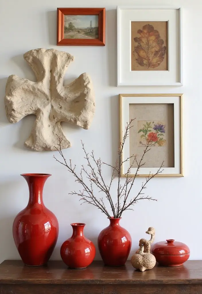 29 Red Ceramic Vase Decor Ideas That Make Bold Statements 33 29 Red Ceramic Vase Decor Ideas That Make Bold Statements - 25. Layering with Art