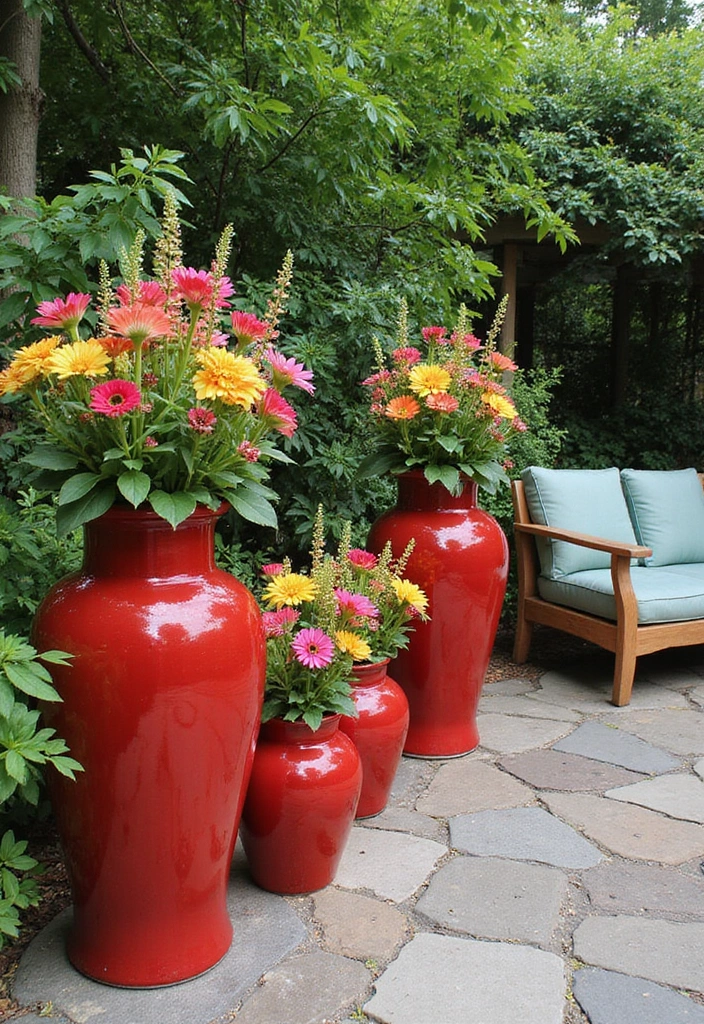 29 Red Ceramic Vase Decor Ideas That Make Bold Statements 6 29 Red Ceramic Vase Decor Ideas That Make Bold Statements - 6. Garden Patio Statement