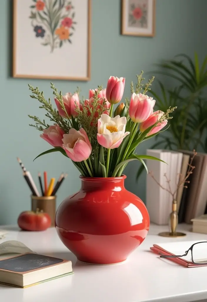 29 Red Ceramic Vase Decor Ideas That Make Bold Statements 8 29 Red Ceramic Vase Decor Ideas That Make Bold Statements - 8. Unique Office Desk Accent