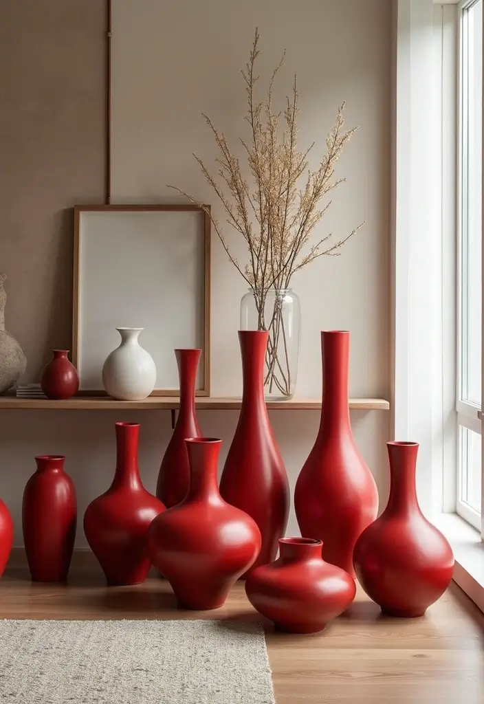 29 Red Ceramic Vase Decor Ideas That Make Bold Statements 9 29 Red Ceramic Vase Decor Ideas That Make Bold Statements - 9. Artistic Corner Display