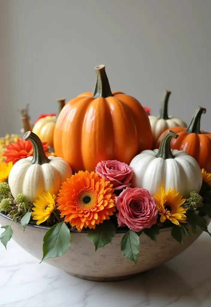 30 Ceramic Pumpkin Decor Ideas For Cozy Seasonal Styling 139 30 Ceramic Pumpkin Decor Ideas For Cozy Seasonal Styling - 21. Layered Pumpkin and Floral Arrangements