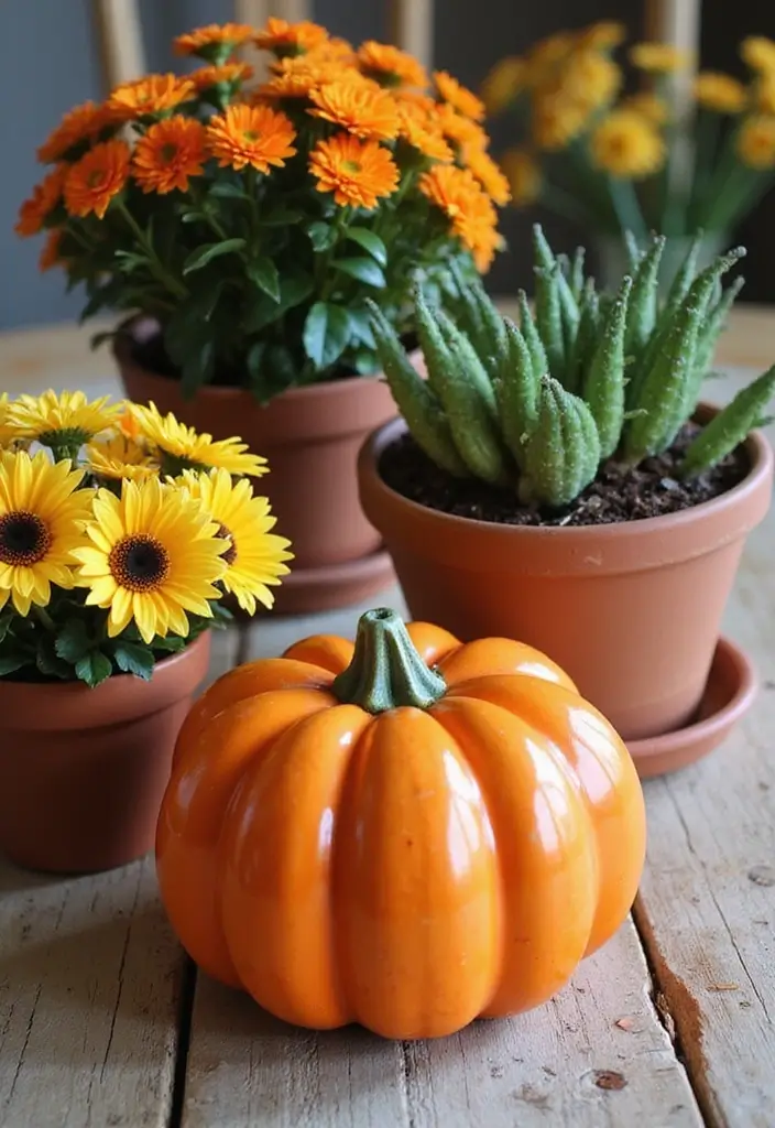 30 Ceramic Pumpkin Decor Ideas For Cozy Seasonal Styling 181 30 Ceramic Pumpkin Decor Ideas For Cozy Seasonal Styling - 27. Seasonal Potted Plants with Pumpkins