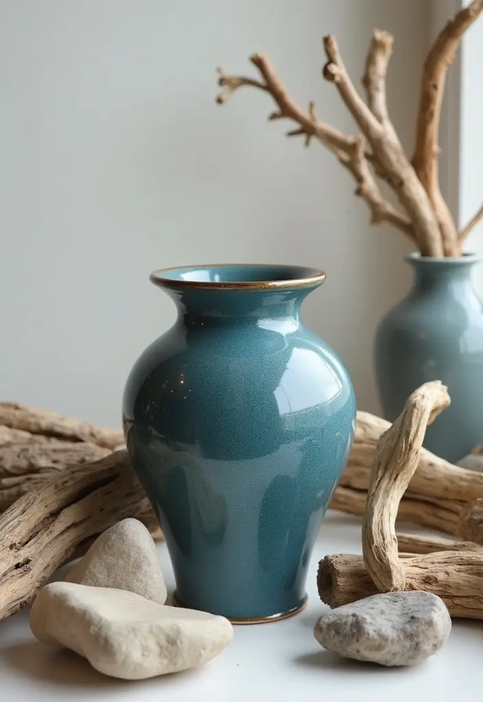 30+ Stunning Blue Ceramic Vase Decor Ideas For Any Room - 22. Natural Elements