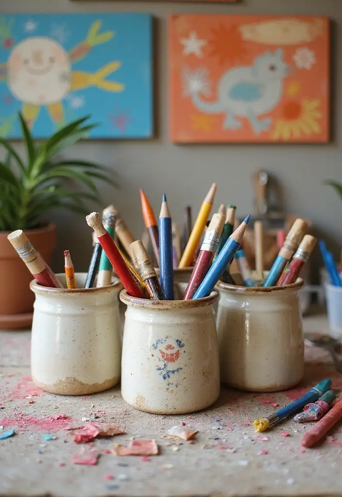 30+ Vintage Ceramic Crock Decor Ideas Worth Collecting 48 30+ Vintage Ceramic Crock Decor Ideas Worth Collecting - 20. Kids' Art Station