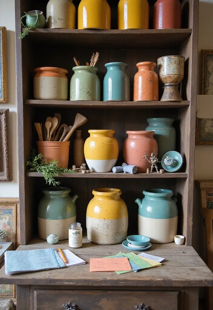 30+ Vintage Ceramic Crock Decor Ideas Worth Collecting 57 30+ Vintage Ceramic Crock Decor Ideas Worth Collecting - 23. Vintage Craft Display