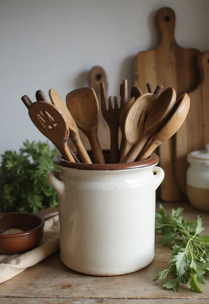 30+ Vintage Ceramic Crock Decor Ideas Worth Collecting 9 30+ Vintage Ceramic Crock Decor Ideas Worth Collecting - 3. Kitchen Utensil Holder