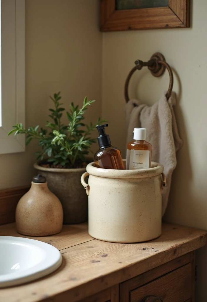 30+ Vintage Ceramic Crock Decor Ideas Worth Collecting 10 30+ Vintage Ceramic Crock Decor Ideas Worth Collecting - 4. Bathroom Storage Solution