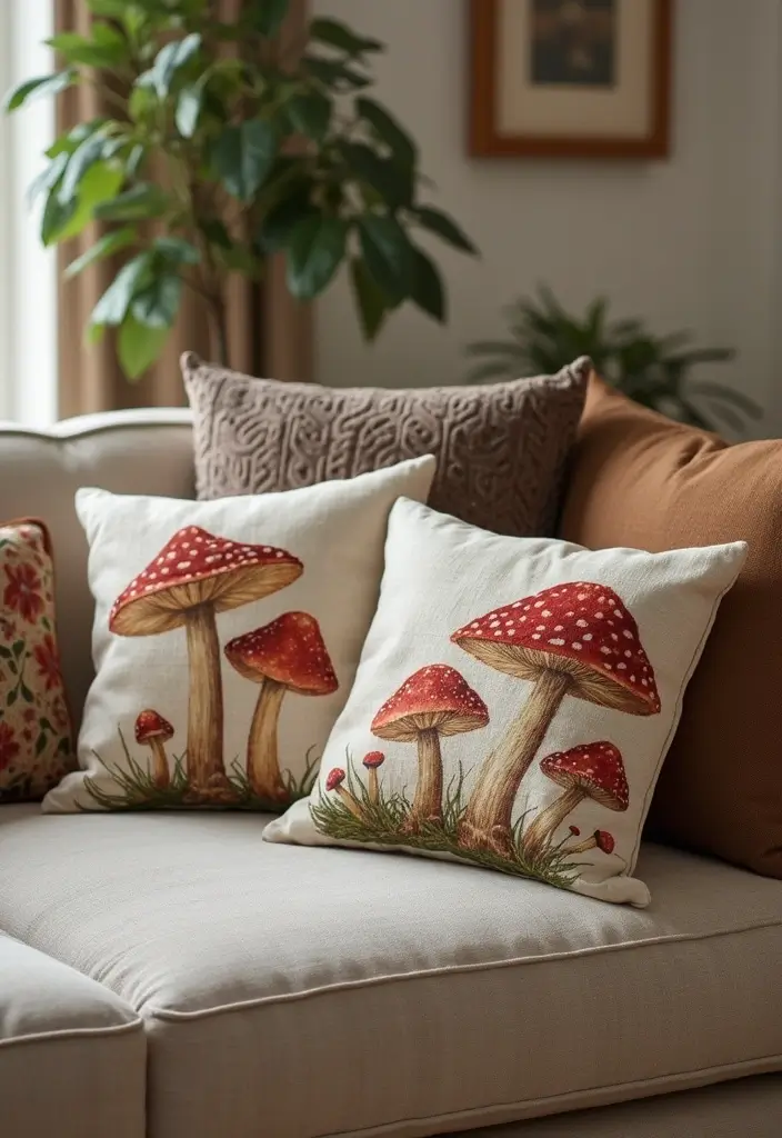 30+ Vintage Ceramic Mushroom Decor Inspirations For Retro Homes 48 30+ Vintage Ceramic Mushroom Decor Inspirations For Retro Homes - 18. Vintage-Inspired Throw Pillows