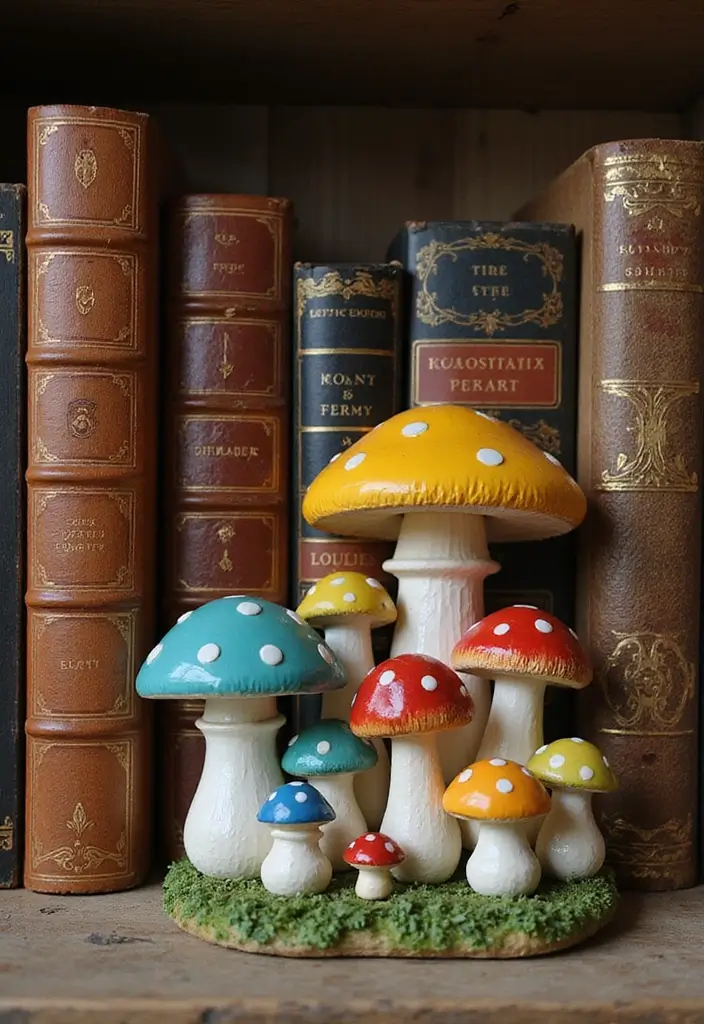 30+ Vintage Ceramic Mushroom Decor Inspirations For Retro Homes 2 30+ Vintage Ceramic Mushroom Decor Inspirations For Retro Homes - 2. Playful Bookshelf Accents