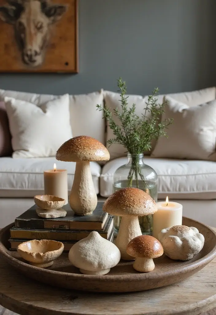 30+ Vintage Ceramic Mushroom Decor Inspirations For Retro Homes 60 30+ Vintage Ceramic Mushroom Decor Inspirations For Retro Homes - 22. Curated Coffee Table Displays